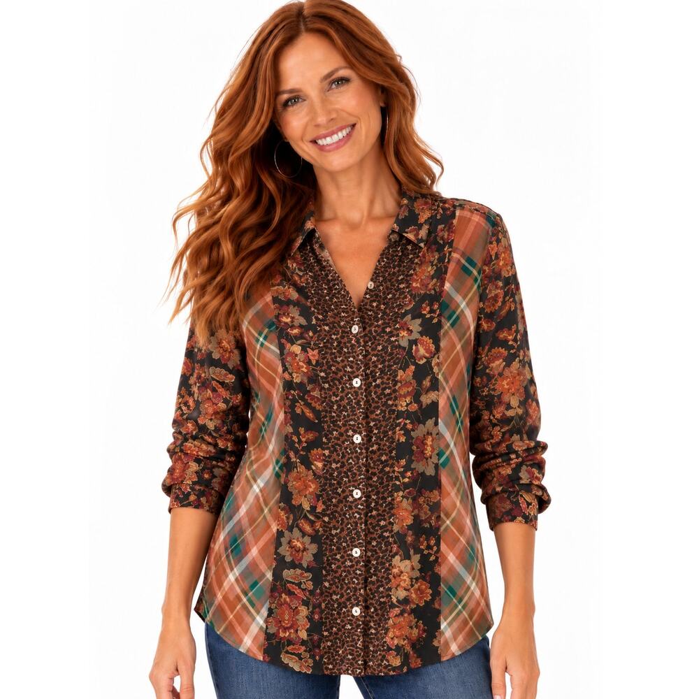 Soft Surroundings Icon Patchwork Button Top Womens Medium Brown Mixed Print Boho